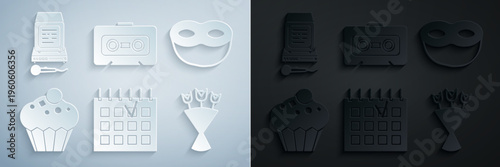 Set Detailed calendar, Festive mask, Muffin, Bouquet of flowers, Retro audio cassette tape and Karaoke icon. Vector