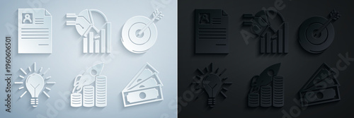 Set Rocket flying up on coins growth chart, Target, Light bulb with rays shine and concept of idea, Stacks paper money cash, Pie infographic and Resume icon. Vector