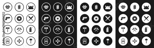Set Viking in horned helmet, Round wooden shield, Pistol gun, Medieval with crossed axes, Crossed baseball bat, dynamite stick and timer clock, Hand grenade and icon. Vector