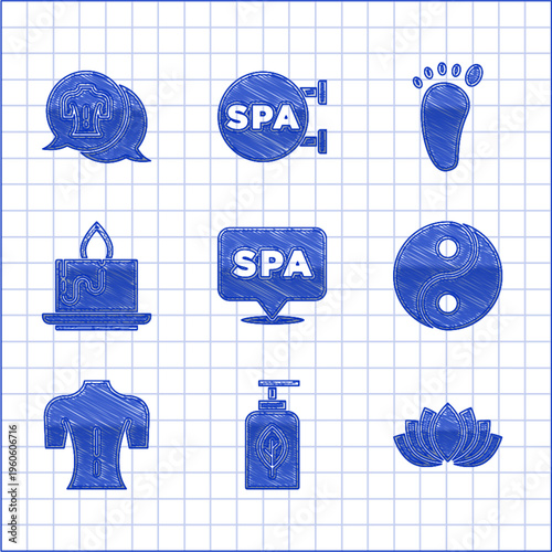 Set Spa salon, Essential oil bottle, Lotus flower, Yin Yang, Massage, Aroma candle, Foot massage and icon. Vector