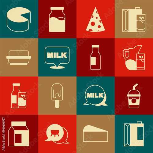 Set Paper package for kefir, Milkshake, jug pitcher and glass, Cheese, Lettering milk, Butter butter dish, and Bottle with icon. Vector