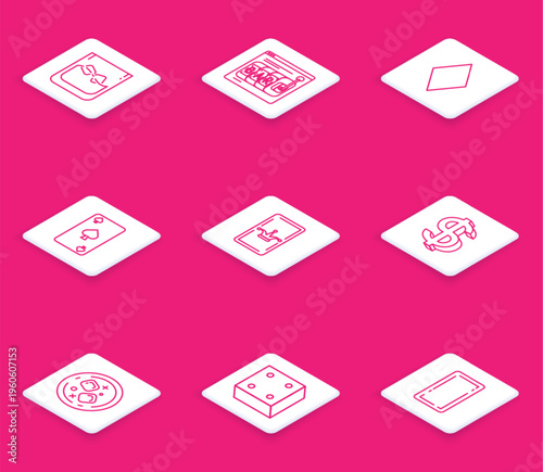 Set line Glass of whiskey and ice cubes, Online slot machine, Playing card with diamonds symbol, spades, Joker playing, Dollar, and Game dice icon. Vector