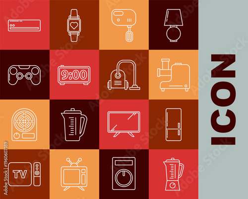 Set line Blender, Refrigerator, Kitchen meat grinder, Electric mixer, Digital alarm clock, Gamepad, Air conditioner and Vacuum cleaner icon. Vector