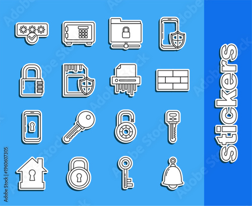 Set line Ringing bell, Key, Bricks, FTP folder and lock, SD card shield, Safe combination, Password protection safety access and Paper shredder confidential icon. Vector