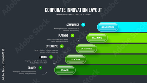 Investor Portfolio 5 Option Infographic Frame Layout. Business Briefing Five Element Diagram Slide Template. Corporate Planning Slideshow Design Vector Illustration.