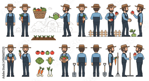 Collection of farmer characters in various poses and with gardening tools, showcasing agricultural activities and produce