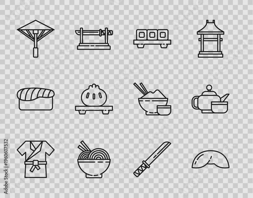 Set line Japanese costume Kimono, Chinese fortune cookie, Sushi cutting board, Asian noodles bowl and chopsticks, umbrella from the sun, Dumpling, Traditional katana and tea ceremony icon. Vector