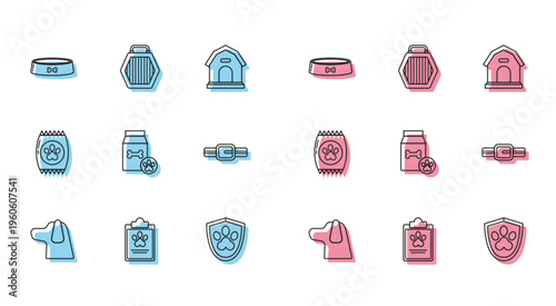 Set line Dog, Clipboard with medical clinical record pet, Pet food bowl, Animal health insurance, Bag of for, Collar name tag, and carry case icon. Vector