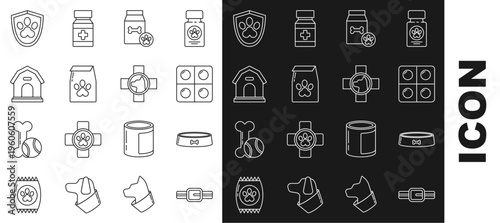 Set line Collar with name tag, Pet food bowl, Dog and pills, Bag of for pet, house, Animal health insurance and Veterinary clinic symbol icon. Vector