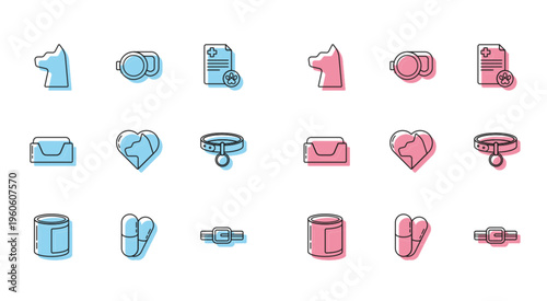 Set line Canned food, Dog and pills, Cat, Collar with name tag, Heart cat, Pet bed and Retractable cord leash icon. Vector