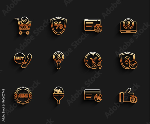 Set line Price tag with New, Lead management, Shopping cart check mark, Discount card percent, Hand holding coin, Magnifying glass dollar, Shield and Clock 24 hours icon. Vector