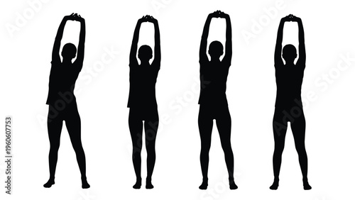 Four silhouettes of a person performing a stretching exercise with arms raised