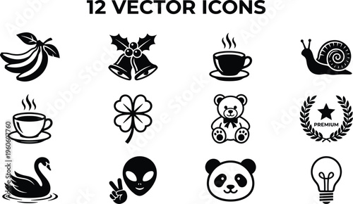 Banana bunch silhouette, jingle bells icon, steaming coffee cup, snail vector, four-leaf clover, teddy bear, laurel wreath, swan, alien, panda, light bulb