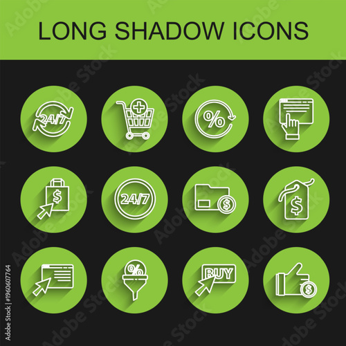 Set line Online shopping on screen, Lead management, Clock 24 hours, Buy button, Hand holding coin, Price tag with dollar and Envelope icon. Vector