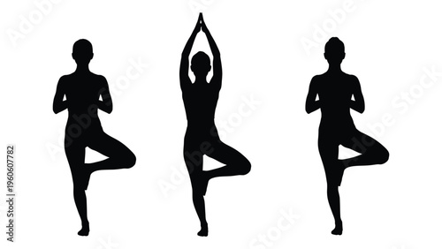 Three silhouettes of women performing a tree pose yoga practice against a white background