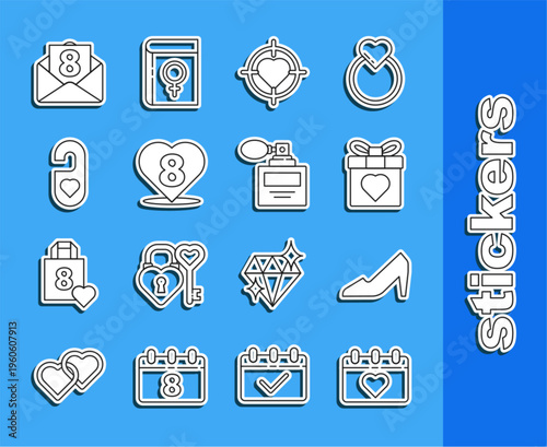 Set line Calendar with 8 March, Woman shoe, Gift box and heart, Heart in the center of target aim, Please do not disturb, Envelope and Perfume icon. Vector