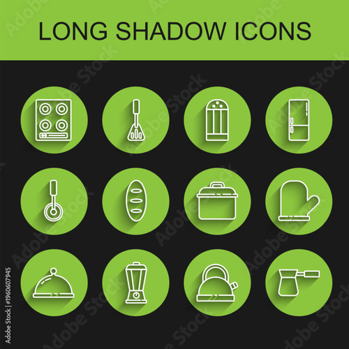 Set line Covered with tray of food, Blender, Gas stove, Kettle handle, Coffee turk, Bread loaf, Oven glove and Cooking pot icon. Vector