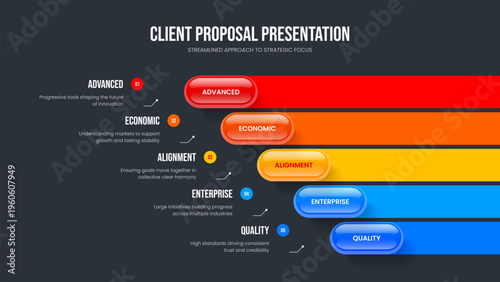Modern Visualization Slideshow Template Vector Illustration. Product Profile Five Element Diagram Slide Design. Marketing Overview 5 Step Infographic Presentation Layout.