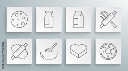 Set line Rolling pin on dough, Bottle with milk, Kitchen whisk and bowl, Candy heart shaped box, Donut, Paper package for, rolling and Cookie biscuit icon. Vector