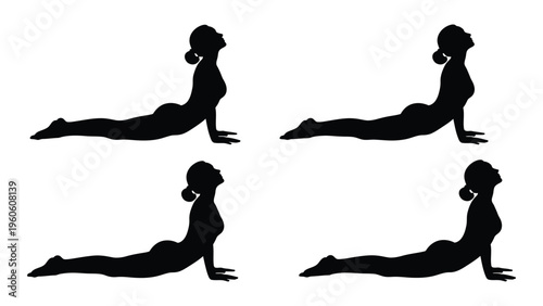 Silhouette illustrations depicting a woman performing the upward facing dog yoga pose