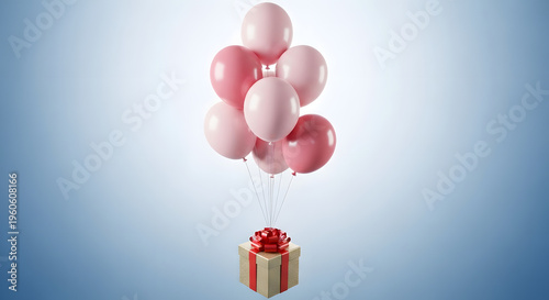 Floating Gold Gift Box with Pink Balloons on Blue Background