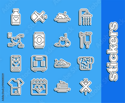 Set line No doping syringe, Bread toast, Toothbrush and toothpaste, Healthy food, Soda can, Attention health heart, Vitamin pill and Fruit icon. Vector