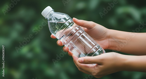 Hands Holding a Clear Plastic Water Bottle in Nature Background