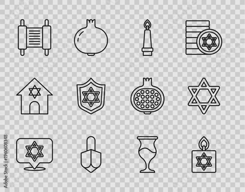 Set line Star of David, Burning candle, Hanukkah dreidel, Torah scroll, Shield with, Jewish goblet and icon. Vector