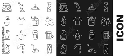 Set line Clothes pin, Cleaning service for window, Garbage bag, Hanger wardrobe, Drying clothes, Water spray bottle, Home cleaning and cooking pot icon. Vector