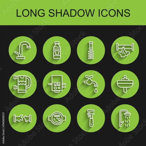 Set line Broken pipe, Water meter, tap, Pipe adjustable wrench, Shower, Gas boiler, Washbasin and icon. Vector