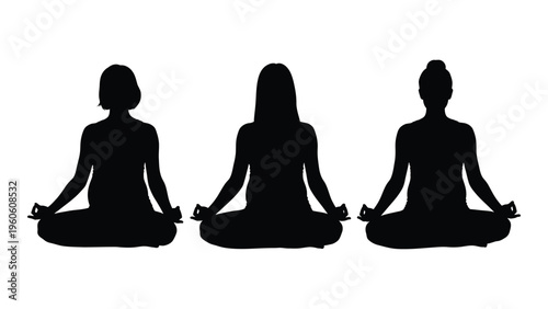 Three silhouettes of women meditating in a lotus position against a white background