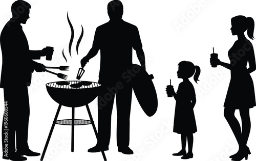 Barbecue party icon set, family gathering, outdoor cooking, grill silhouette, social event, leisure activity, summer picnic, black design illustration