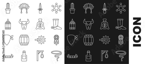 Set line Lasso, Dream catcher with feathers, Cowboy boot, Dagger, Buffalo skull, Dynamite bomb, Cactus peyote in pot and Money bag icon. Vector