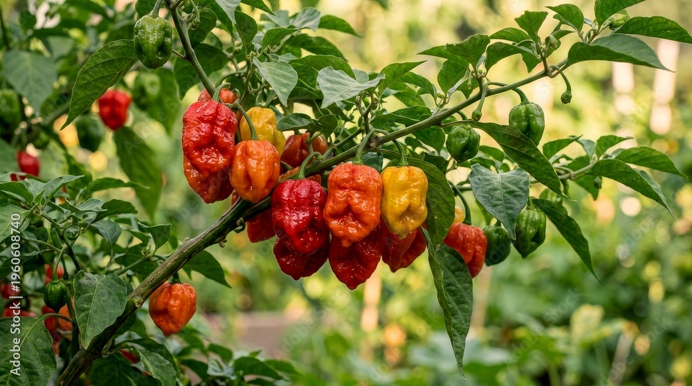Obraz premium Scotch bonnet peppers growing on plant vibrant red and yellow chili peppers close up agriculture