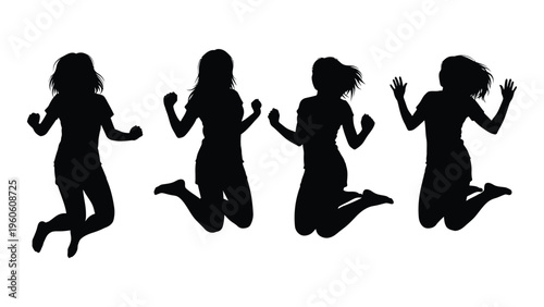 Silhouettes of four women jumping and appearing joyful in a dynamic pose