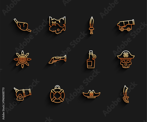 Set line Cannon, Lifebuoy, Pirate eye patch, hat, sword, Vintage pistol, captain and Alcohol drink Rum icon. Vector