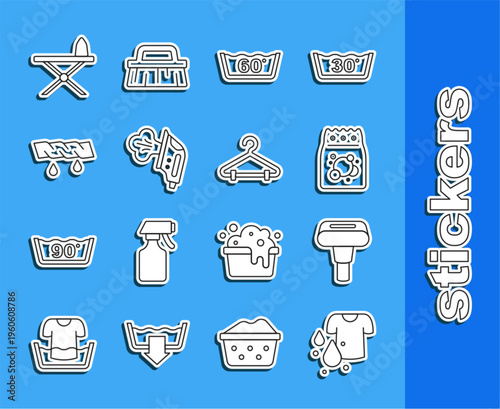 Set line Dirty t-shirt, Garment steamer, Laundry detergent, Temperature wash, Electric iron, Squeeze clothes, Iron and ironing board and Hanger wardrobe icon. Vector