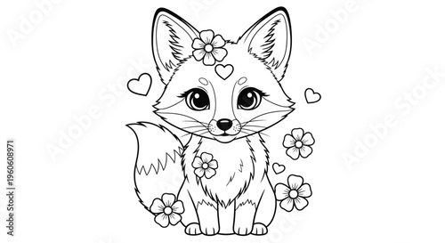 Adorable Fox Cub with Floral Accents Coloring Page.