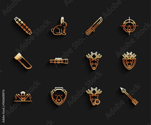 Set line Trap hunting, Bear head on shield, Hunting cartridge belt with cartridges, deer crosshairs, Hipster arrow, Sniper optical sight, Deer antlers and icon. Vector