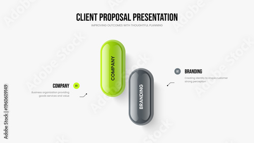 Investor Showcase 2 Step Diagram Slideshow Layout. Project Solution Frame Design Vector Illustration. Sales Proposal Two Option Infographic Slide Template.