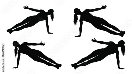 Silhouette illustrations depicting various plank exercise variations for core strength training