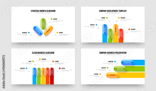 Company Strategy 3 4 5 Option Infographic Slide Design Collection. Professional Plan Three Four Five Step Diagram Frame Layout Vector Illustration Set.