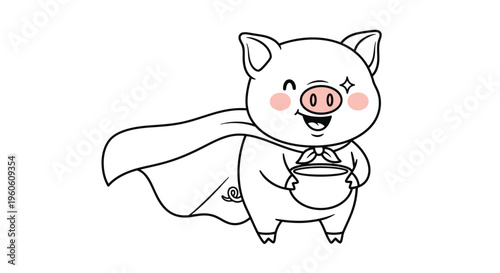 Cartoon Piglet Superhero with Cape and Bowl Illustration.
