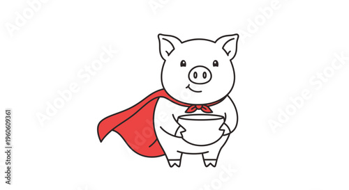 Cartoon Pig Superhero Holding Bowl with Red Cape Illustration.