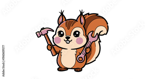 Cartoon Squirrel Holding Tools - Hammer and Wrench for Construction or Repair.