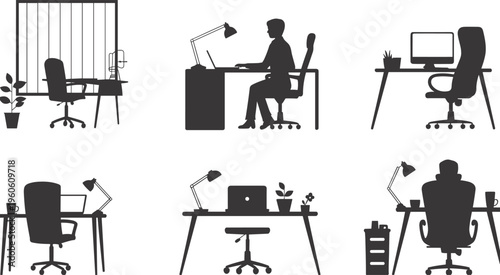 office, workplace, desk, silhouette, computer, workspace, business, furniture, chair, table, laptop, work, corporate, interior, equipment, isolated, black, flat, vector, illustration