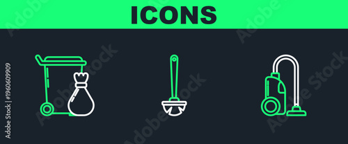Set line Vacuum cleaner, Trash can and Toilet brush icon. Vector