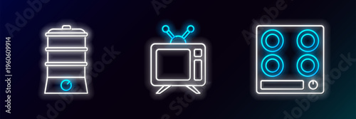 Set line Gas stove, Double boiler and Television icon. Glowing neon. Vector