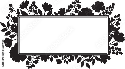 Floral frame, black silhouette, rectangular border, decorative flowers, leaves