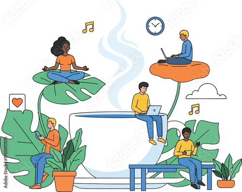 A diverse group of people working remotely and finding relaxation in a serene, nature-inspired setting around a giant coffee cup illustration
